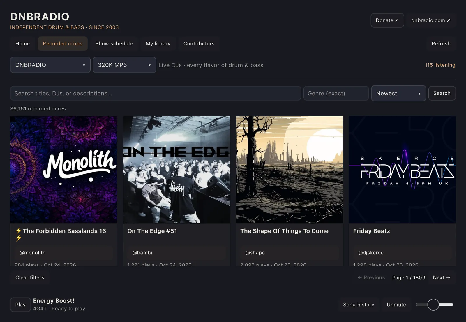 The recorded mixes view with search, a genre filter and mix artwork